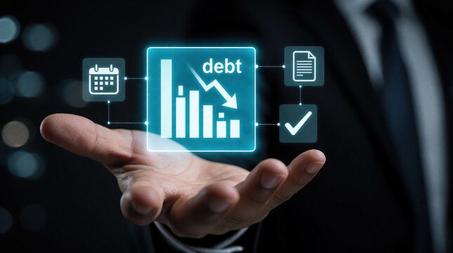 Businessman hand holds glowing digital icon with debt reduction chart. Virtual interface shows decreasing financial debt, rising economy data. Concept of money management, savings, successful debt