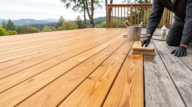 Man cleaning and staining wooden deck boards outdoors with brush and bucket