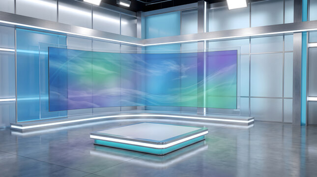 A modern virtual television set with curved digital screen backdrop and glowing studio stage floor.