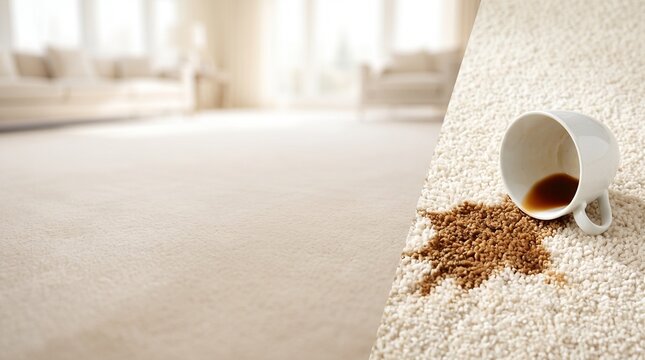 Spilled coffee cup on a light beige carpet in a bright living room