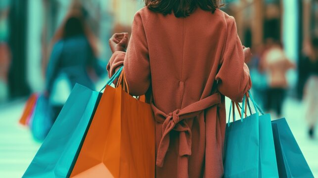 Modern happy Female lifestyle fashion portrait. beautiful attractive young woman girl enjoy stylish walk with shopping bag packages and use smartphone , trendy outfit on shopping mall, browse product