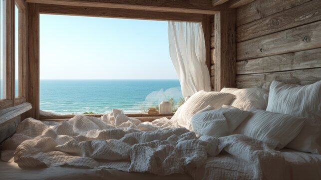 bedroom with white messy bedding and big window with view to beautiful. Summer, travel, vacation, holiday, mindfulness, relax, recreation, hotel, sleep