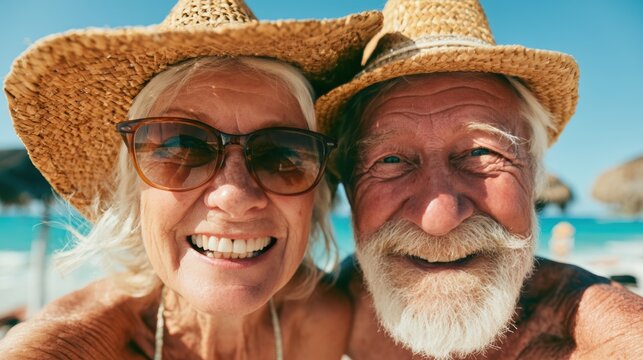 senior couple tourist. Enjoy free time outdoors near the sea on the beach. Looking at the camera while relaxing on a clear day Poses for travel selfies smiling happy tropical