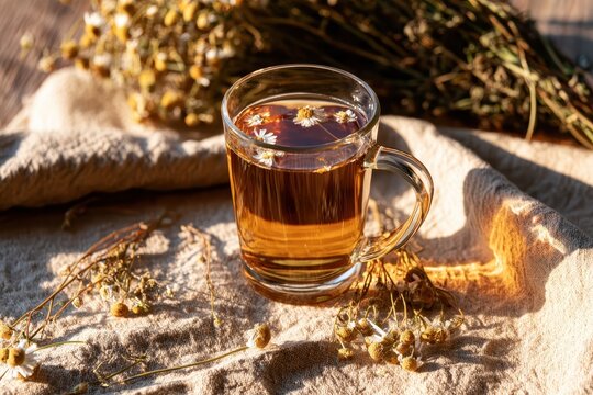 Glass mug of chamomile tea with dried flowers