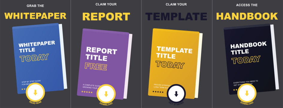 Business lead magnet banners for whitepaper and report, marketing ebook template set, digital handbook and guide vector icons