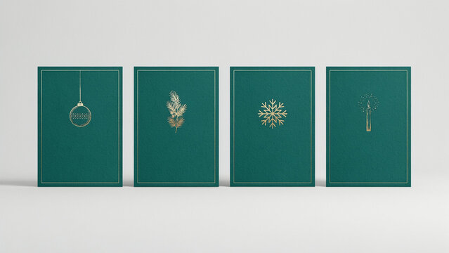 Minimalist Christmas Card Collection with Geometric Gold Snowflake, Hanging Bauble, Pine Sprig and Candle on Emerald Green Textured Paper