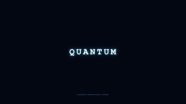 Glowing blue neon word quantum centered against solid dark black background with futuristic tech branding elements