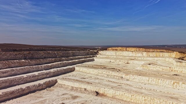 Mining cuts form stepped levels across a quarry site, exposing layers of earth beneath a blue sky in daylight, with no workers or equipment visible.