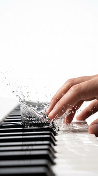 Pianist Hand Pressing Piano Keys With Water Splash