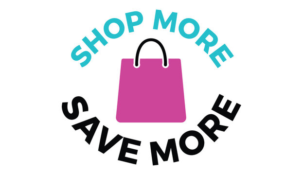 Bright colorful shopping emblem with a pink bag and promotional text