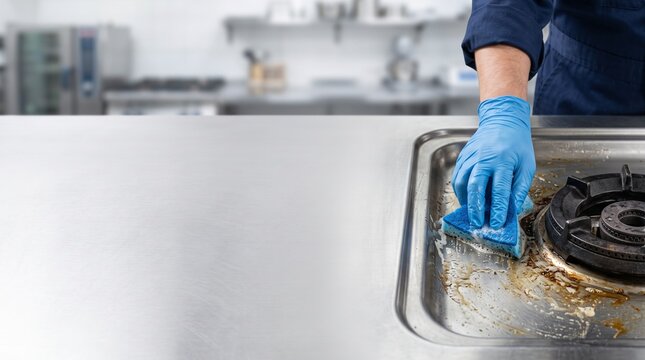Chef cleaning dirty commercial kitchen stove with sponge and rubber gloves
