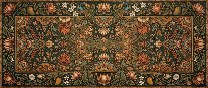 Traditional Indian floral wood carving pattern featuring intricate lotus flowers and peacocks for decorative background