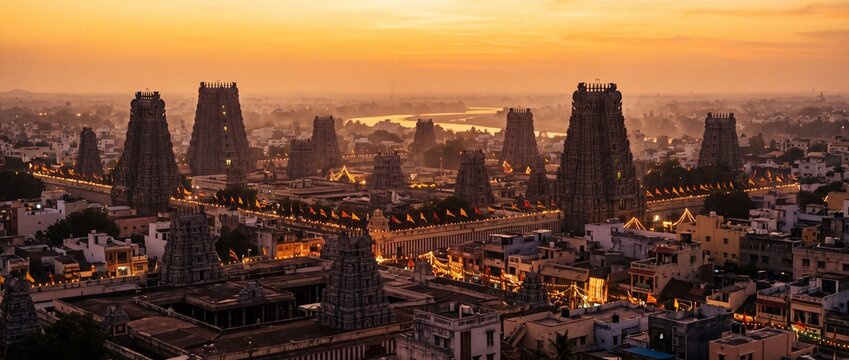 Hindu temple complex panorama at sunrise featuring traditional towers and lights in an ancient city