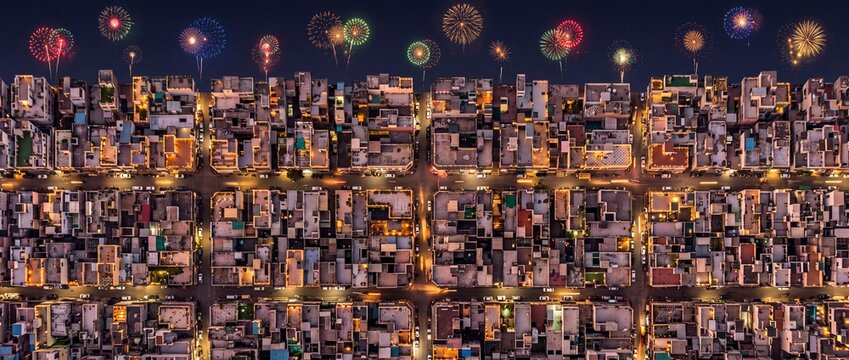 Cityscape aerial view of glowing urban neighborhoods lit up with vibrant colorful festive fireworks