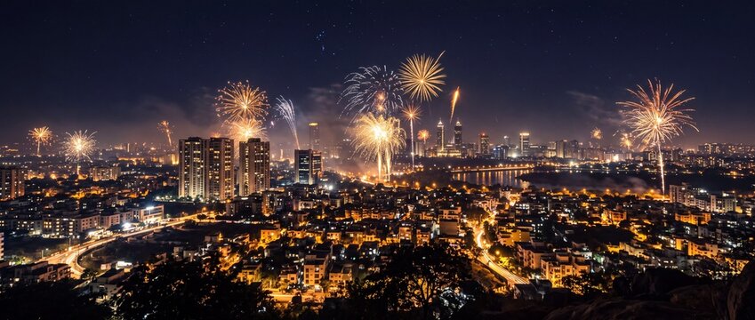 Fireworks exploding over panoramic cityscape at night with bright lights illuminating urban skyline buildings