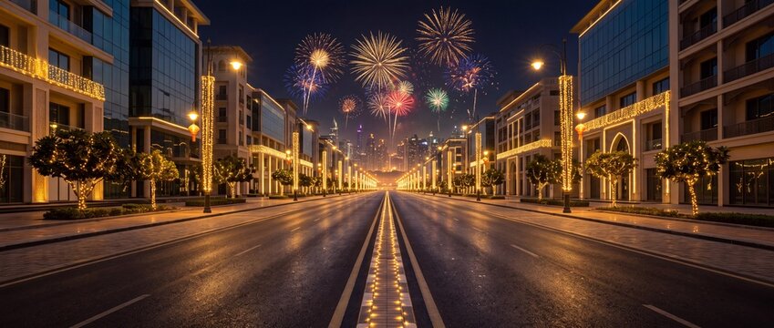 City street glowing with festive lights and colorful fireworks during evening celebration in modern downtown