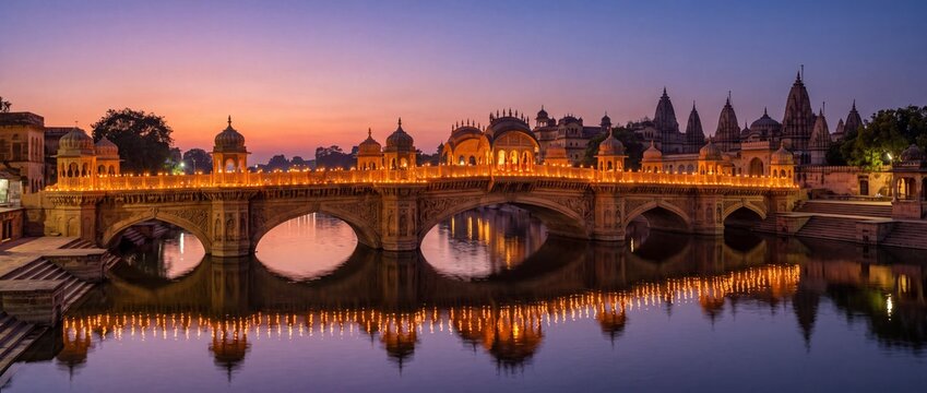 Historic illuminated stone bridge glowing over peaceful river during sunset with ancient temples surrounding water