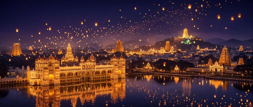 Indian Hindu temple illuminated with bright festive lights and floating sky lanterns during night celebration