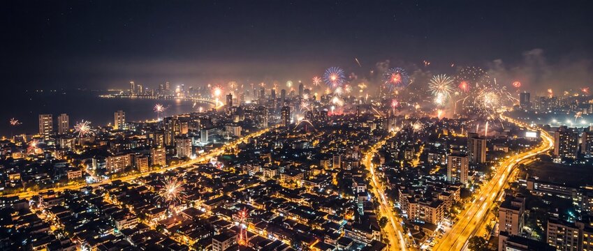 City skyline night aerial view illuminated with colorful festive fireworks and glowing street traffic lights
