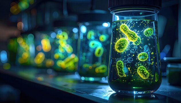Bioluminescent bacteria glowing vibrantly within laboratory cultures, representing scientific research and medical discovery.