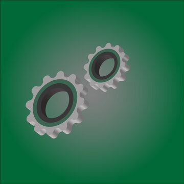 Two metallic sprockets with green accents against a gradient background