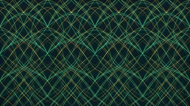 Abstract Geometric Seamless Pattern of Glowing Green and Gold Parabolic Curves and Arcs on Dark Background for Futuristic Design