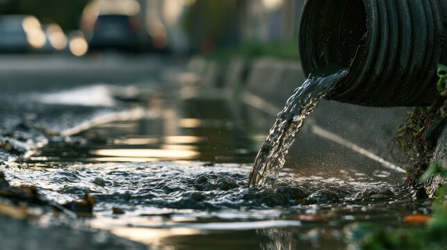 Polluted runoff from a drainage pipe into a street puddle