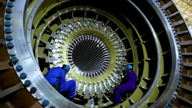 Industrial technician in hard hat using diagnostic tool inspecting large giant turbine machinery motor. Engineer checks large scale mechanical equipment factory power plant, precision work heavy metal
