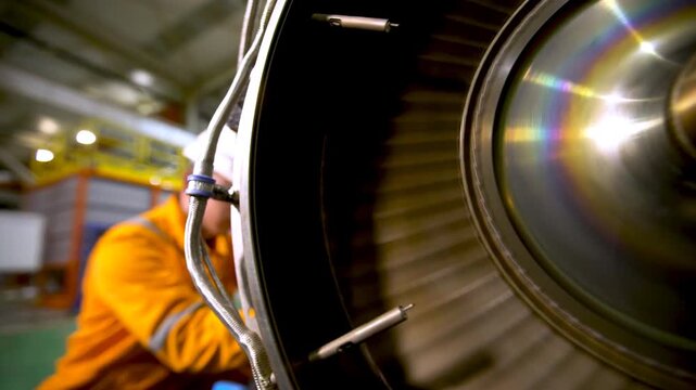 Industrial technicians in hard hat use diagnostic tool inspecting large giant turbine machinery motor. Engineer check large scale mechanical equipment factory power plant, precision work heavy metal