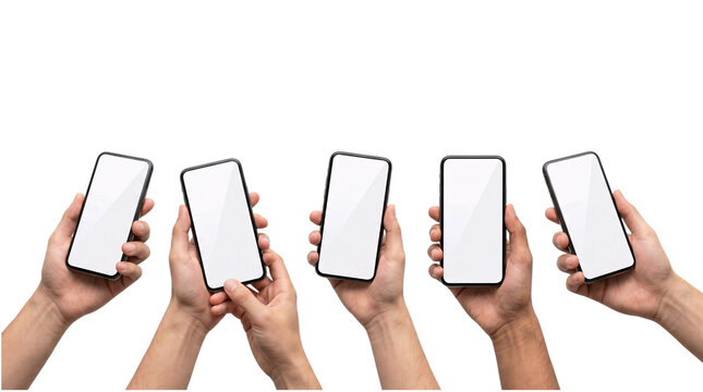 Multiple hands holding smartphones with blank white screens in a row isolated on transparent png