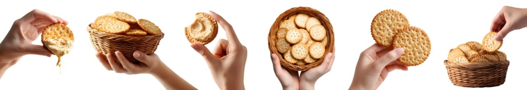 Set of hand holding round circle crackers biscuit, crispy flat baked thin snack staple food, hummus dip drip, rattan basket, pile group stack, transparent cutout PNG Mockup
