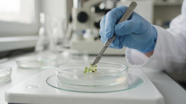 Scientist in lab coat using a scalpel on plant sample in petri dish