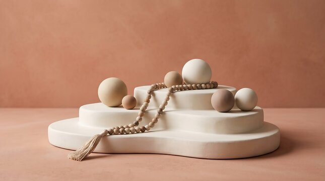 Adkar prayer beads and spheres on decorative white platforms symbolizing mindfulness and spiritual reflection
