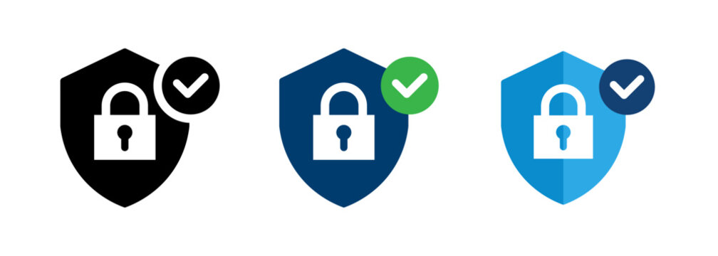 Security shield icon with lock and checkmark. Verified protection and cyber safety symbol