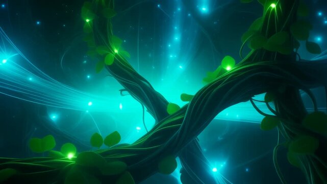 Magical Glowing Forest Tree with Entangled Vines and Cosmic Light Rays