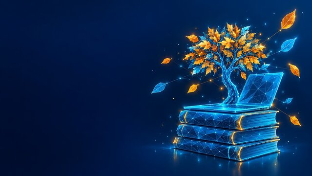 Digital education knowledge concept with glowing tree growing from stack of books. autumn & technology book art blue light sci fi data network