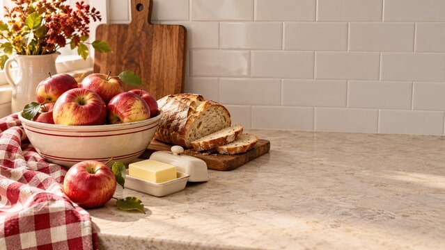 Autumn kitchen still life with a fruit bowl bread board and clean copy space