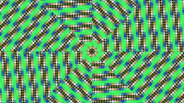 Abstract geometric kaleidoscope pattern rotating with green and multi color pixels