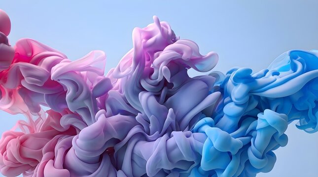 Abstract vibrant pink purple and blue ink swirls mixing together in water creating a beautiful colorful liquid cloud on a pale background