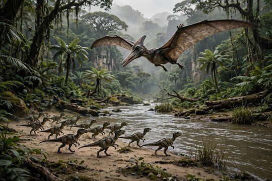Pterosaur flying through jungle waterfall with water splashing