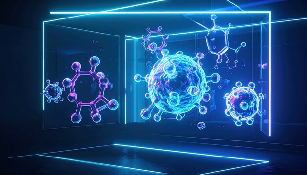 Illuminated Holographic Molecular Structures Displayed in Futuristic Digital Environment
