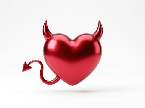 Shiny red heart with devil horns and tail isolated on white background