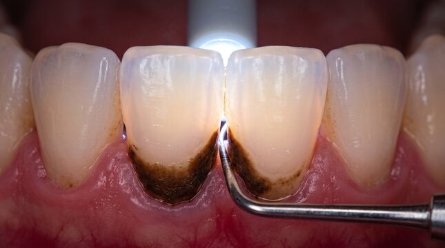 Dental scaling procedure removing heavy dark calculus buildup from lower front teeth