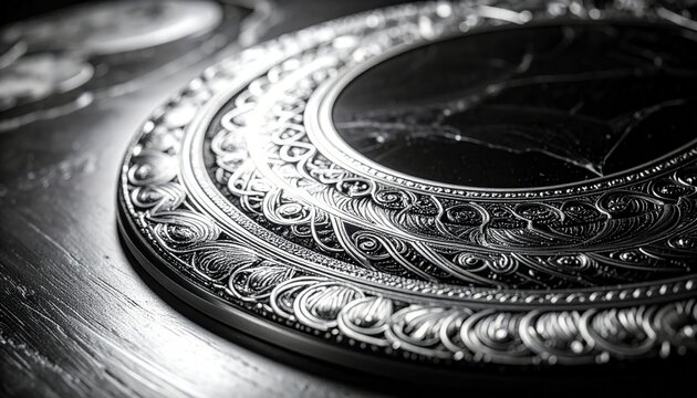 Intricate Silver Filigree Pattern on a Dark Circular Object, Showcasing Ornate Decorative Design