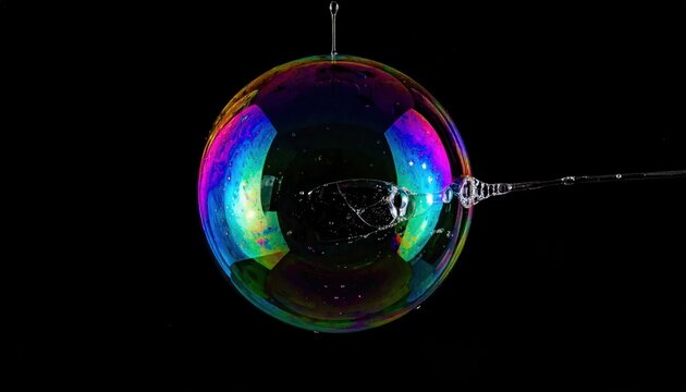 Iridescent Sphere Reflecting Rainbow Colors Against Dark Background