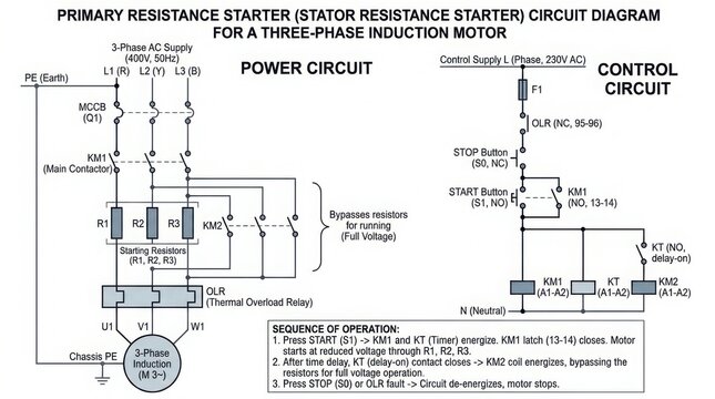 Primary resistance starter circuit diagram for three phase induction