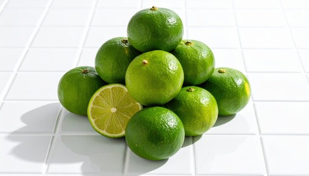 A Stack of Fresh Green Limes with One Cut Lime Showing Juicy Segments