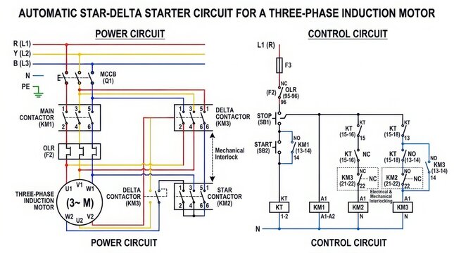 Automatic star delta starter circuit diagram for three phase