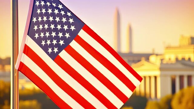 The American flag proudly waves on a flagpole, with a blurred background of Washington D.C. landmarks at sunset.