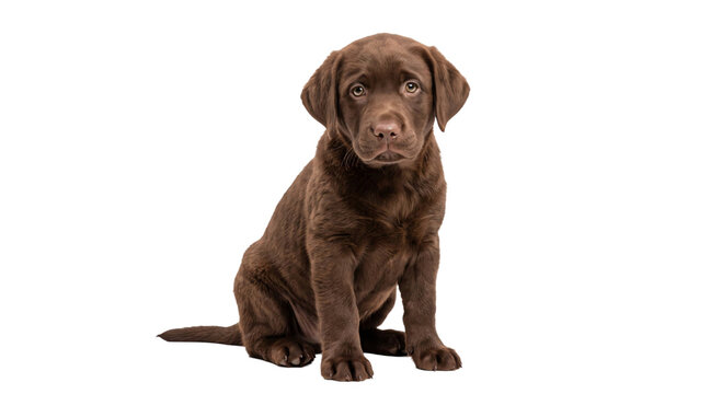 Chocolate Labrador puppy sitting and looking toward camera against a solid black background